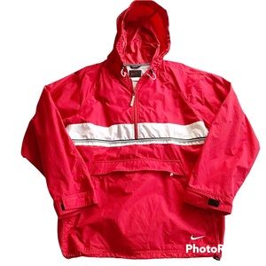 Mens NIKE Pullover Half Zip Hoodie Windbreaker Medium Drawstring Red White Nylon